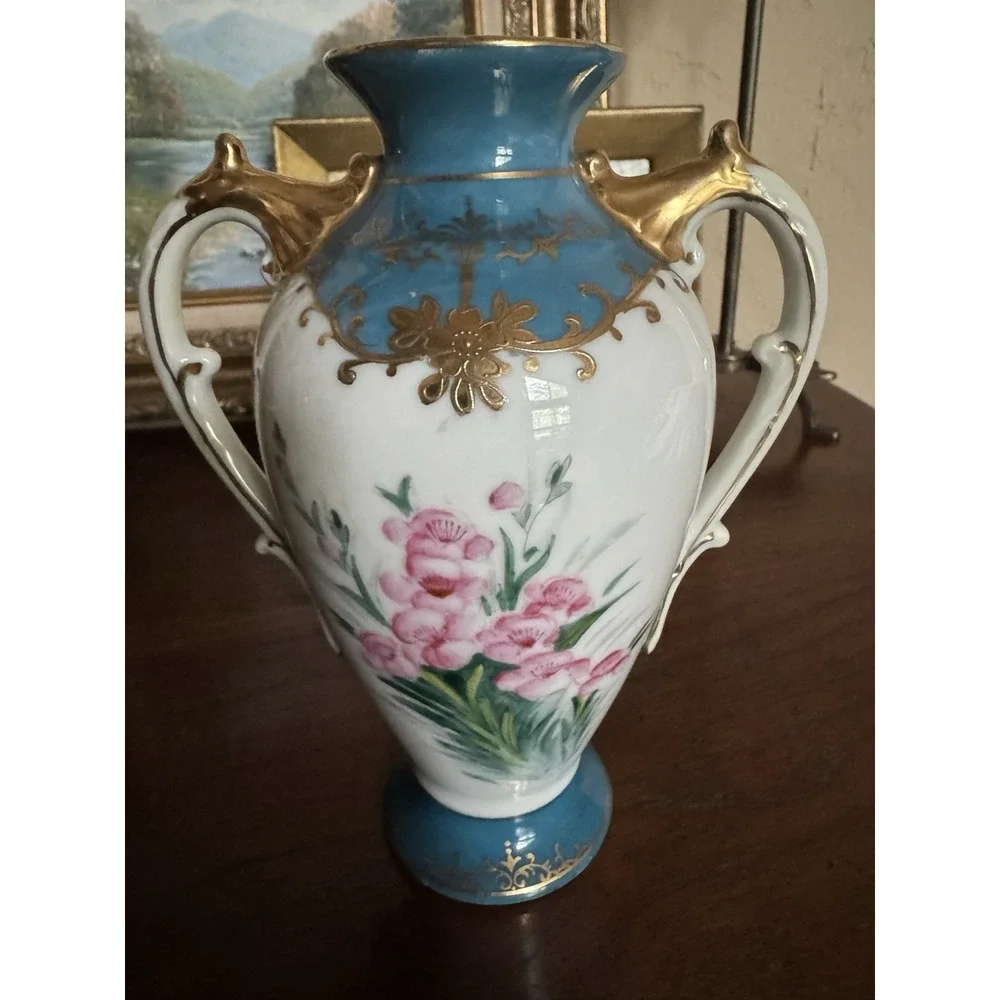 Vintage Japan Porcelain Mantle Vases Pair Hand Painted Blue‎ Gold Gilt Floral 6